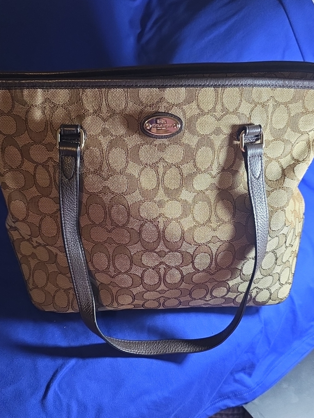 Coach Brown Khaki Signature Jacquard Tote with Dark Brown Leather Trim